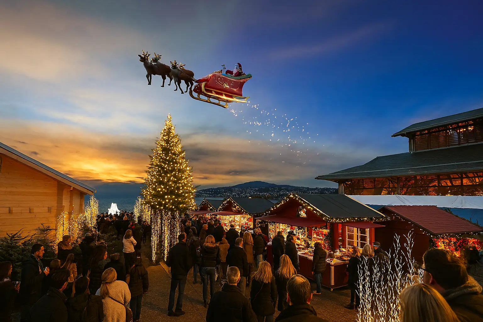 Beleuchteter Weihnachtsmarkt in der Schweiz bei Sonnenuntergang mit festlich geschmückten Marktständen, grossen Weihnachtsbaum, Besuchermenge und fliegendem Weihnachtsmannschlitten mit Rentieren am Abendhimmel.