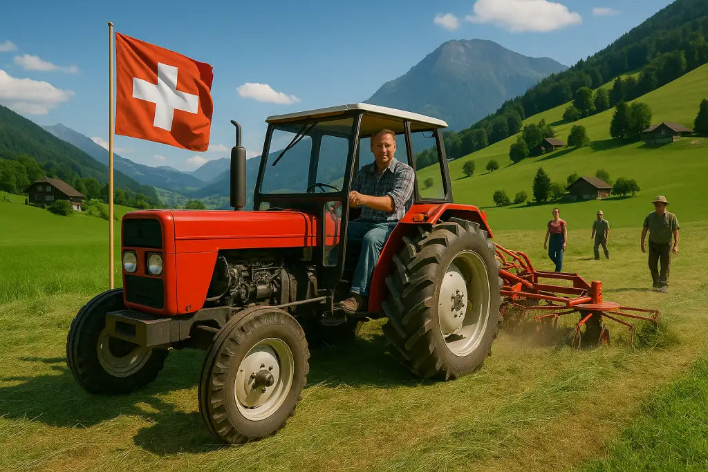 Schweizer Landwirt auf rotem Traktor bei der Heuernte in den Alpen, mit Schweizer Flagge im Vordergrund und Bauernfamilie im Hintergrund auf grüner Wiese.