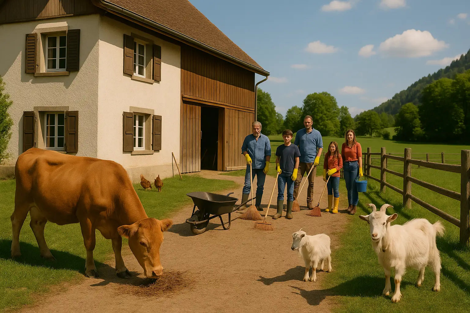 Familie beim Frühjahrsputz auf einem Bauernhof in der Schweiz, mit Besen und Schubkarre im Hof, Kühen und Ziegen im Vordergrund, traditionelles Bauernhaus und grüner Landschaft im Hintergrund – Frühjahrsputz Bauernhof Schweiz