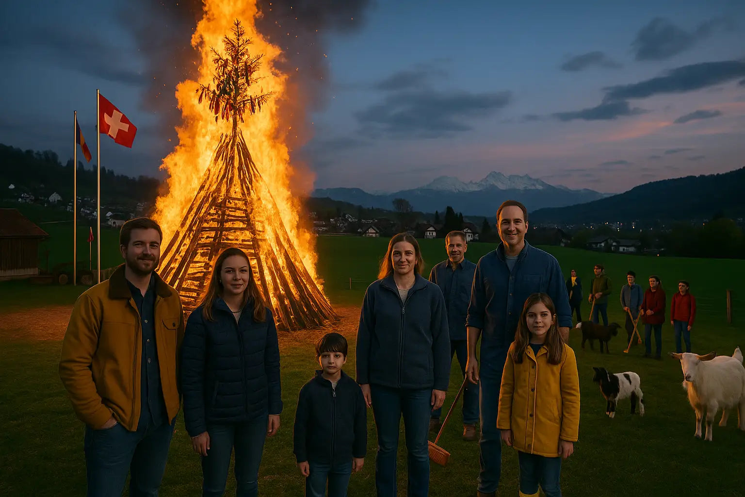 Traditioneller Funkensonntag in der Schweiz mit grossem brennenden Holzstapel und Schweizer Flagge, umgeben von Familien im Hintergrund vor alpiner Bergkulisse bei Sonnenuntergang – Funkensonntag Schweiz