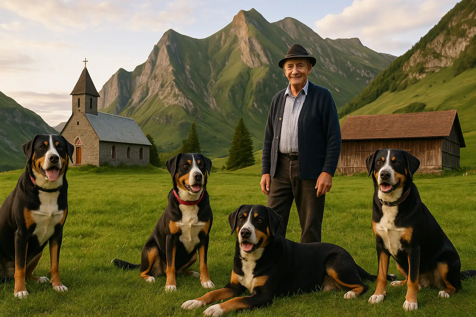 Älpler mit vier Berner Sennenhunden vor einer Kapelle und traditionellem Stall inmitten der Schweizer Alpenlandschaft – Sennenkultur Schweiz Alpen Tradition Hunde