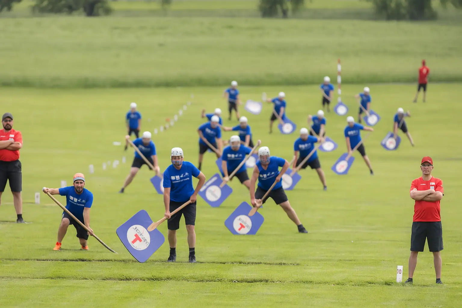 Hornusser-Spieler in blauen Trikots mit Schindeln in Abwehrposition beim Hornusserfest auf einem grossen Spielfeld in der Schweiz, mit Schiedsrichtern in Rot im Vordergrund – Hornusserfest Schweiz Teamsport Tradition