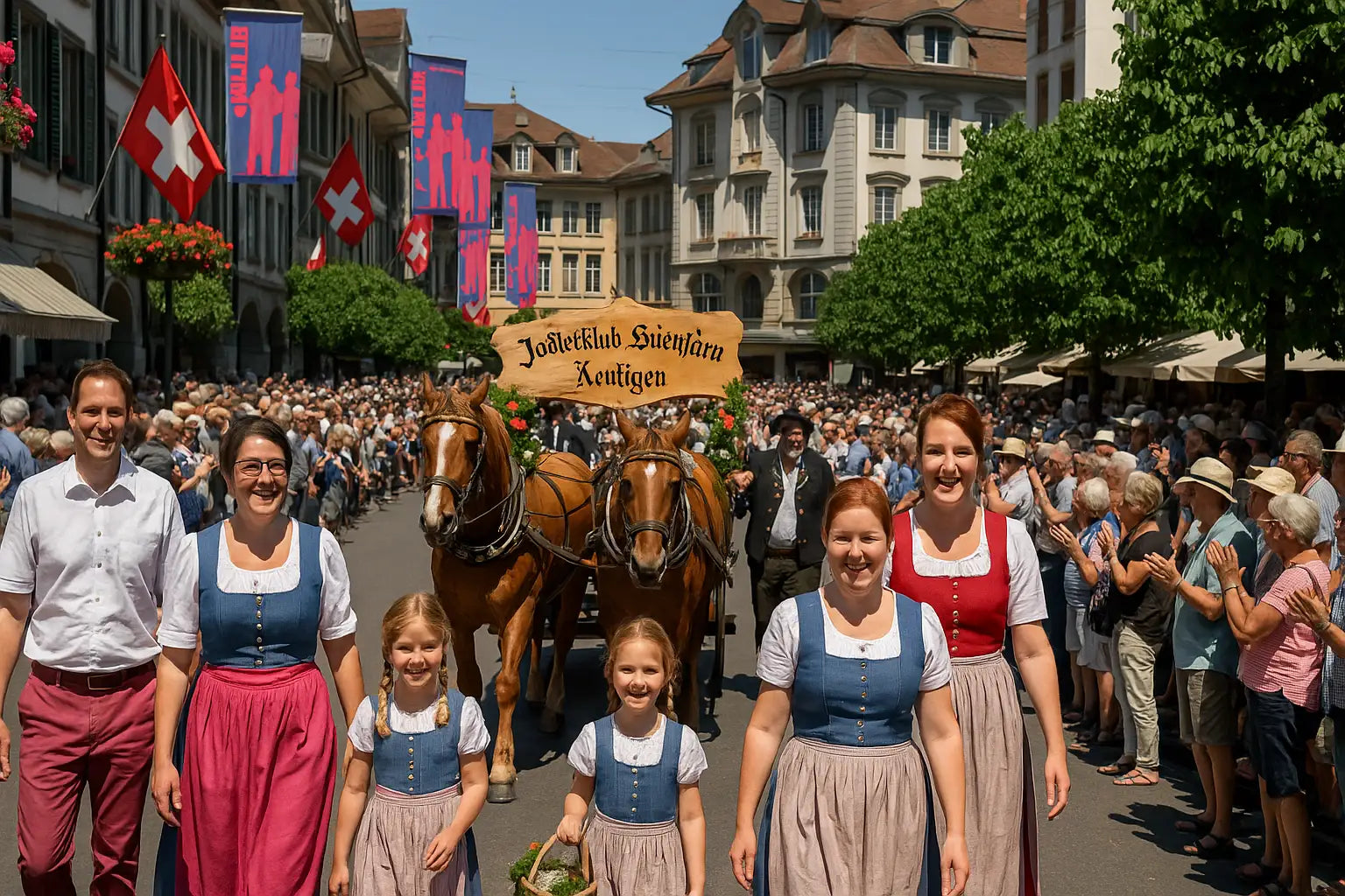 Jodlerfamilie beim Umzug des Jodlerfests in der Schweiz mit Pferdekutsche und dem Schild „Jodlerklub Hüetihärd Kientigen“ in einer festlich geschmückten Altstadt – Jodlerfest Schweiz Trachtenumzug Tradition