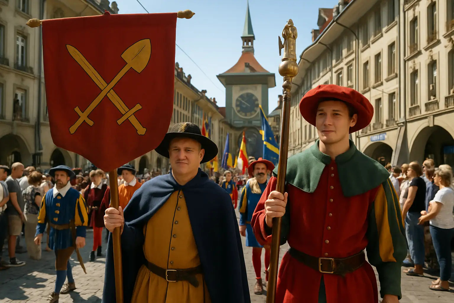 Mitglieder einer Schweizer Zunft in historischen Gewändern bei einem Festumzug in Bern, mit Zunftfahne und traditionellen Insignien, im Hintergrund die Zytglogge und zahlreiche Zuschauer.