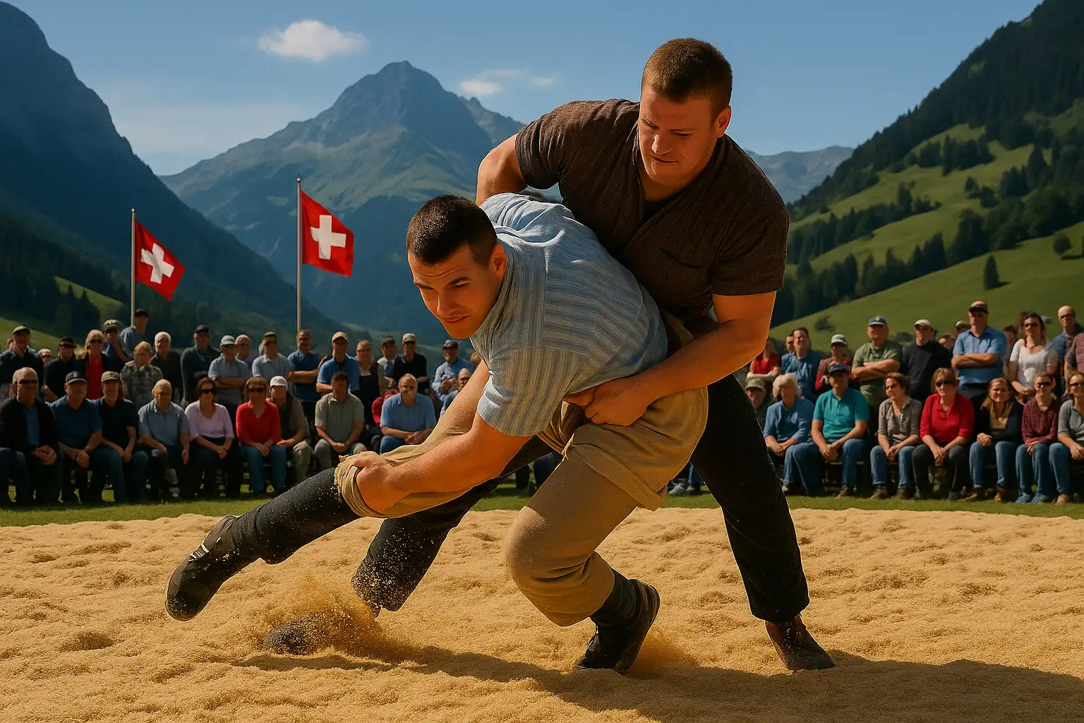 Zwei Schwinger kämpfen beim Schwingfest in der Schweiz im Sägemehlring vor alpiner Kulisse und Zuschauern, mit Schweizer Flaggen im Hintergrund – Schwingfest Schweiz Tradition Nationalsport