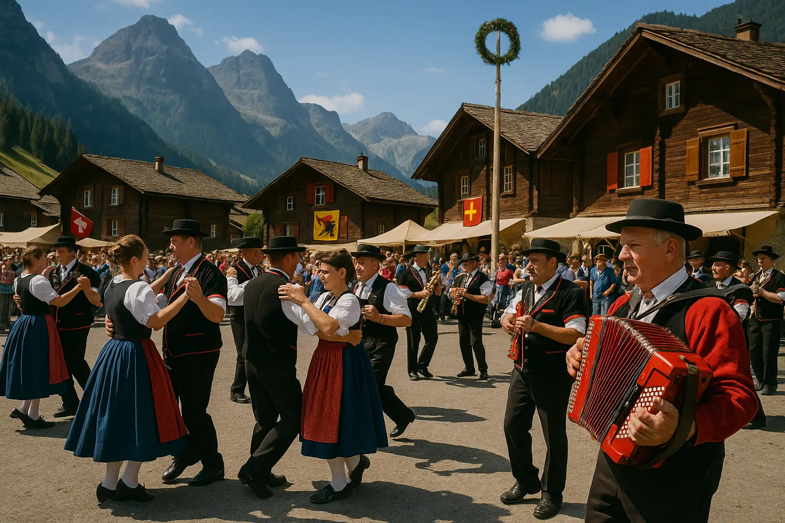 Traditionelles Älperchilbi-Fest in der Schweiz mit Tänzer:innen in Tracht, Live-Musik mit Akkordeon und Alpenkulisse im Hintergrund