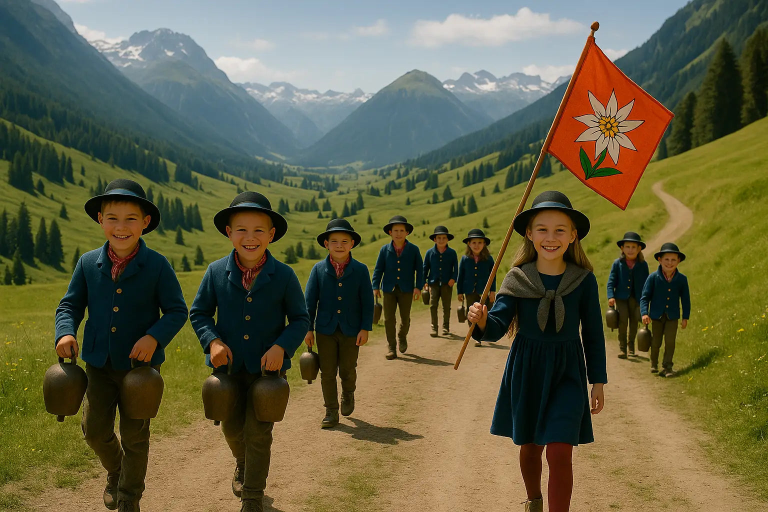 Kinder in traditioneller Kleidung beim Chalandamarz-Umzug in den Schweizer Alpen, mit Kuhglocken und roter Fahne mit Edelweiss, vor beeindruckender Berglandschaft