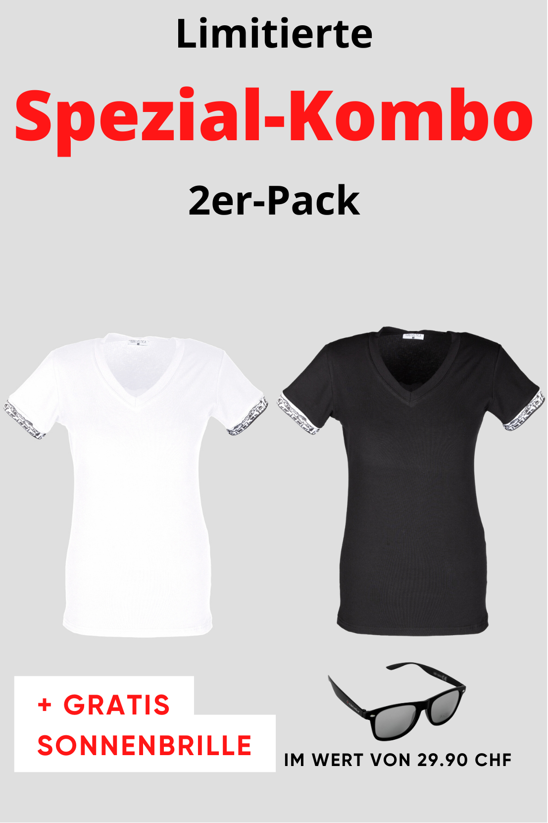 Damen 2er Kombo Scherenschnitt T-Shirt + Gratis Brille