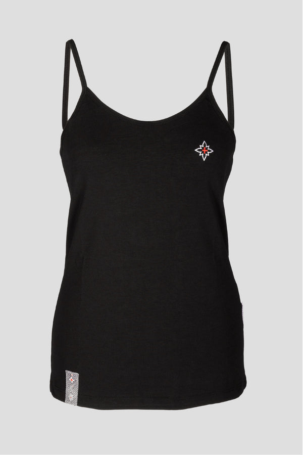 Damen Edelweiss Spaghetti-Top von Edelvetica, ein elegantes und sommerliches Kleidungsstück. Dieses Top zeichnet sich durch ein feines Edelweiss-Muster aus und bietet einen leichten und luftigen Tragekomfort. Ideal für warme Tage, kombiniert es schweizerische Tradition mit einem femininen und modernen Stil.