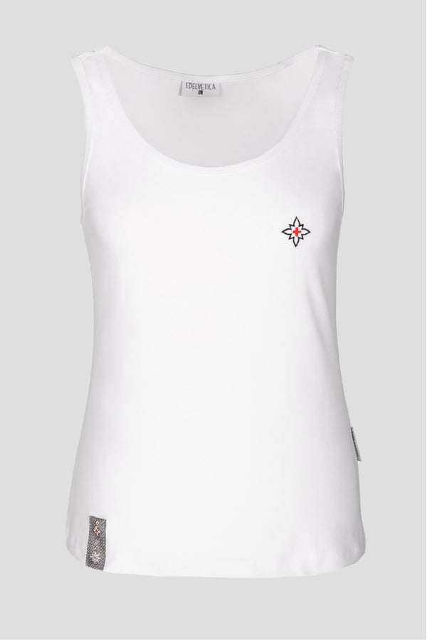 Damen Edelweiss-Tank-Top – Weicher, elastischer Stoff für hohen Tragekomfort. Perfekt für warme Tage und sportliche Aktivitäten. Schweizer Design von Edelvetica.