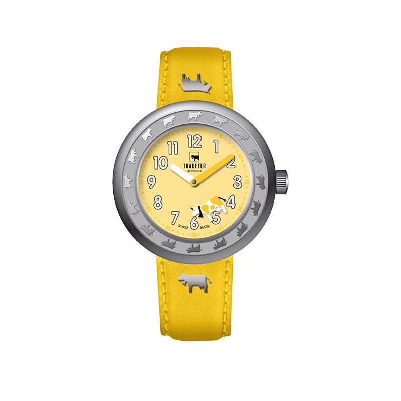 Trauffer Kinderuhr gelb mit Kuhmotiv und Tiergravur – Swiss Made