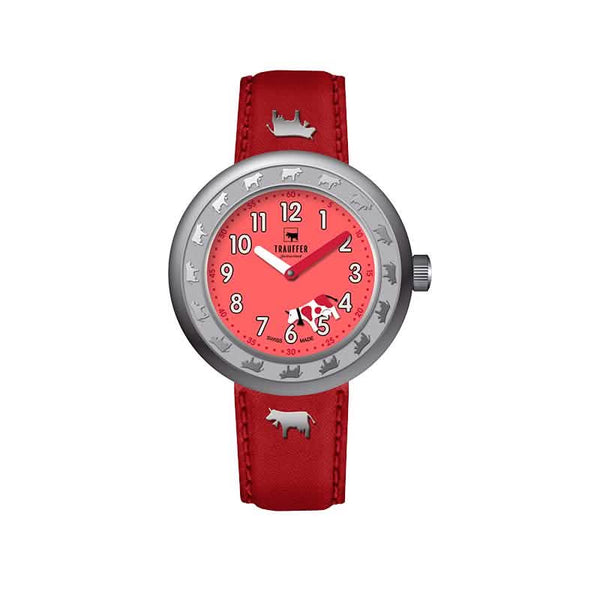 Trauffer Kinderuhr rot mit Kuhmotiv und Tiergravur – Swiss Made