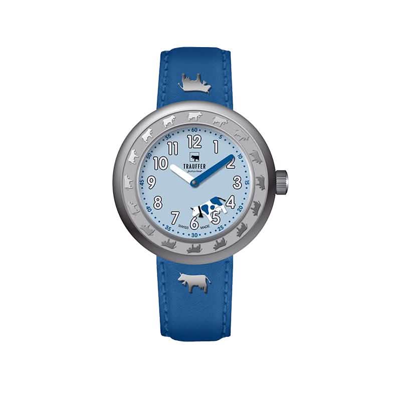 Trauffer Kinderuhr blau mit Kuhmotiv und Tiergravur – Swiss Made