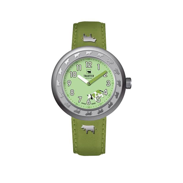 Trauffer Kinderuhr grün mit Tiermotiven und Lederband – Swiss Made