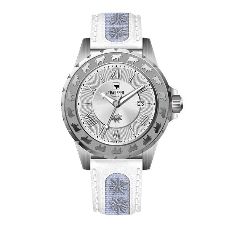 Trauffer Herrenuhr mit silberfarbenem Gehäuse, weissem Lederarmband mit blauer Stickerei, silbernem Zifferblatt und Alpaufzug-Gravur – Swiss Made