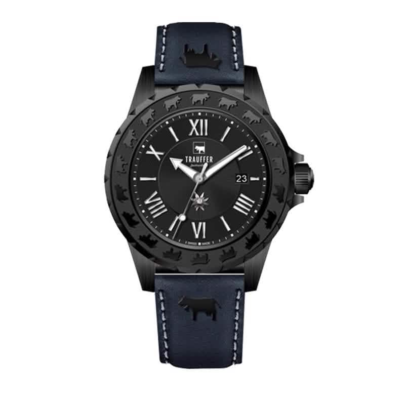 Trauffer Damenuhr in Schwarz mit blauem Lederarmband, Edelweiss-Zifferblatt und Alpaufzug-Gravur – Swiss Made