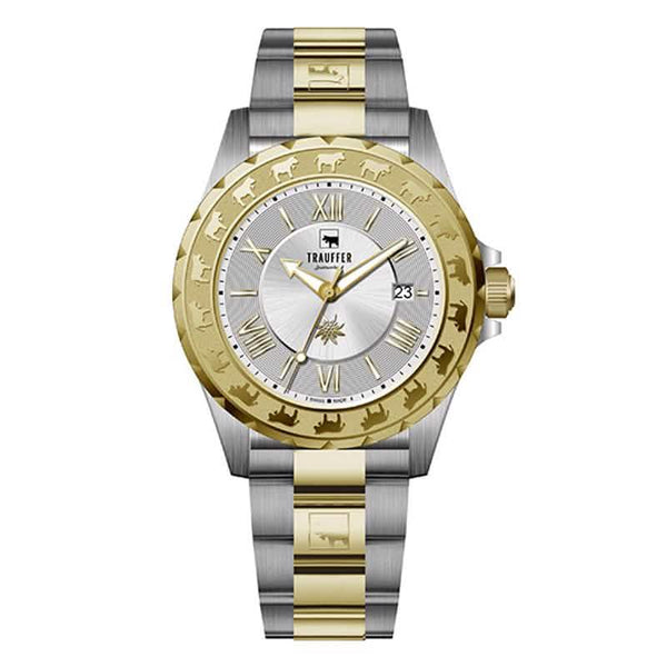 Trauffer Herrenuhr mit gold-silbernem Edelstahlarmband, silbernem Zifferblatt und Alpaufzug-Gravur – Swiss Made