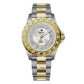 Trauffer Herrenuhr mit gold-silbernem Edelstahlarmband, silbernem Zifferblatt und Alpaufzug-Gravur – Swiss Made