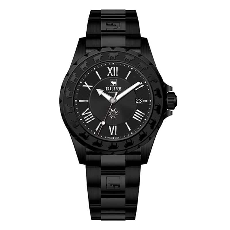 Trauffer Herrenuhr in All Black mit schwarzem Edelstahlarmband, schwarzem Zifferblatt und Alpaufzug-Gravur – Swiss Made