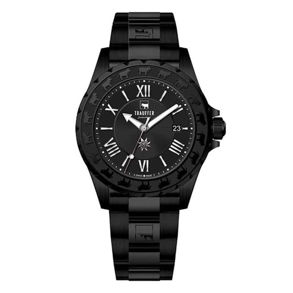 Trauffer Herrenuhr in All Black mit schwarzem Edelstahlarmband, schwarzem Zifferblatt und Alpaufzug-Gravur – Swiss Made