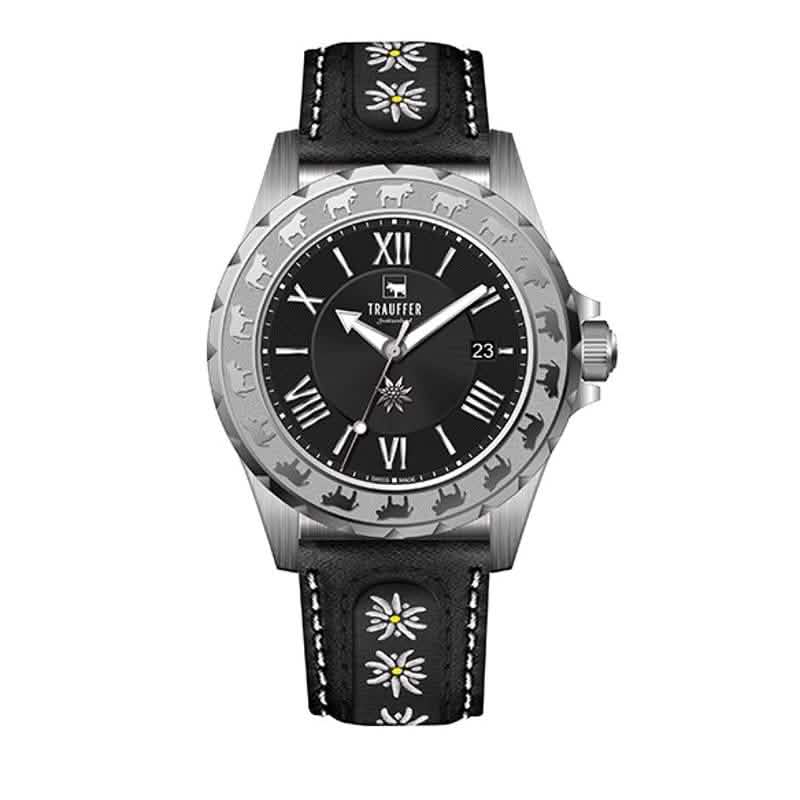 Trauffer Herrenuhr mit silberfarbenem Gehäuse, schwarzem Lederarmband mit Edelweiss-Stickerei, schwarzem Zifferblatt und Alpaufzug-Gravur – Swiss Made