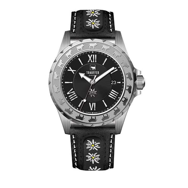 Trauffer Herrenuhr mit silberfarbenem Gehäuse, schwarzem Lederarmband mit Edelweiss-Stickerei, schwarzem Zifferblatt und Alpaufzug-Gravur – Swiss Made