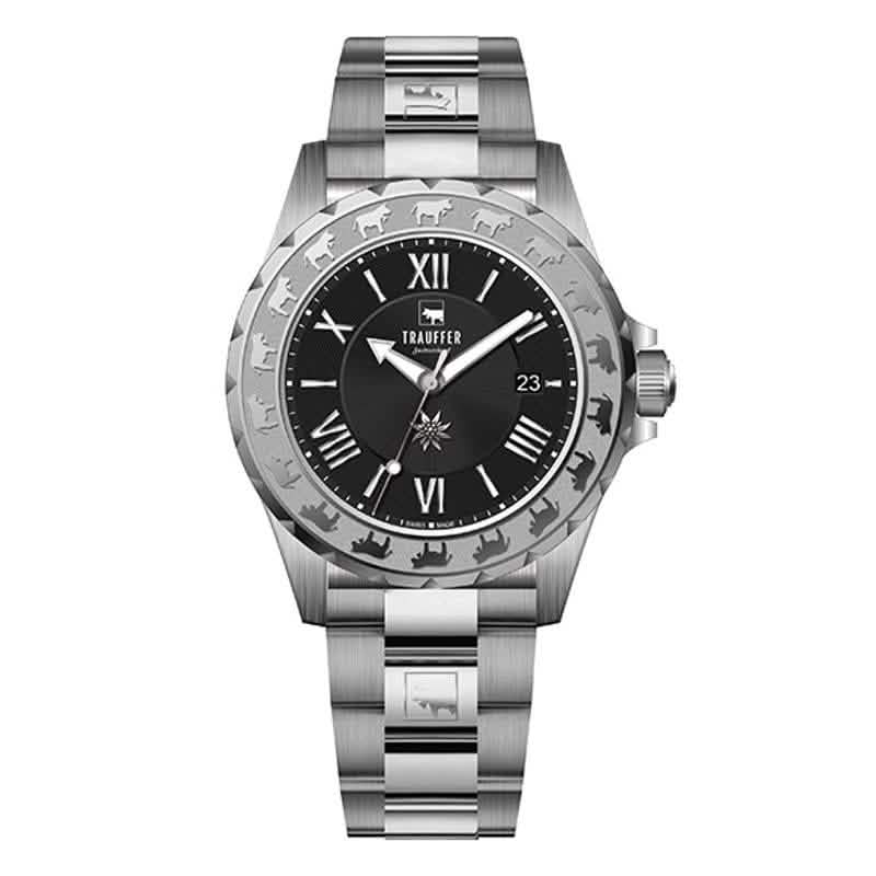 Trauffer Herrenuhr mit silberfarbenem Edelstahlarmband, schwarzem Zifferblatt und Alpaufzug-Gravur – Swiss Made