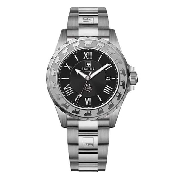 Trauffer Herrenuhr mit silberfarbenem Edelstahlarmband, schwarzem Zifferblatt und Alpaufzug-Gravur – Swiss Made
