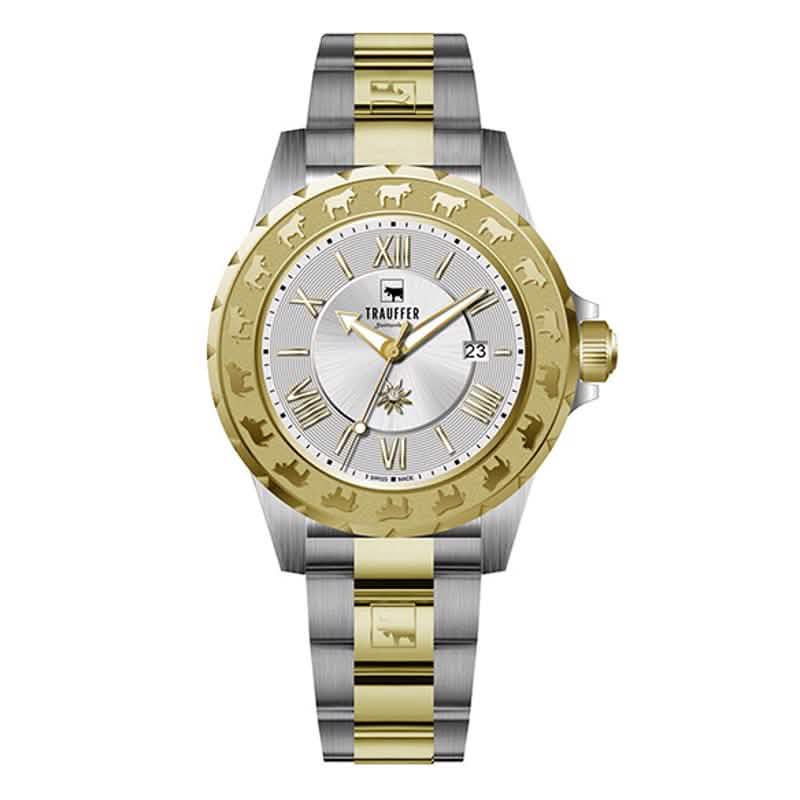 Trauffer Damenuhr mit gold-silbernem Edelstahlarmband, silbernem Zifferblatt und Alpaufzug-Gravur – Swiss Made