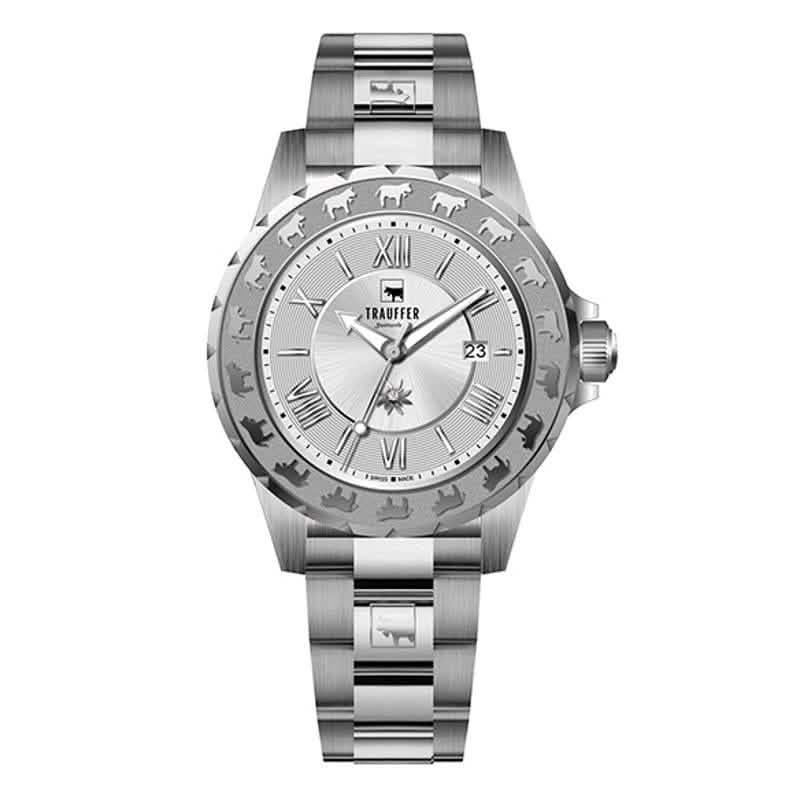 Trauffer Damenuhr mit silberfarbenem Edelstahlarmband, silbernem Zifferblatt und Alpaufzug-Gravur – Swiss Made