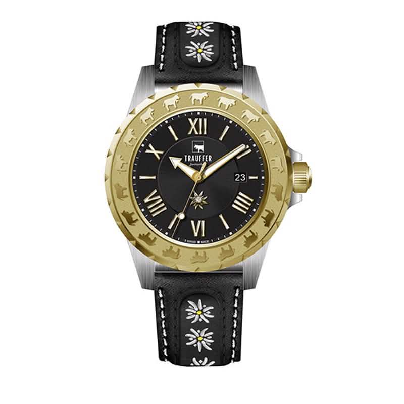 Trauffer Damenuhr mit gold-silbernem Gehäuse, schwarzem Lederarmband mit Edelweiss-Stickerei, schwarzem Zifferblatt und Alpaufzug-Gravur – Swiss Made