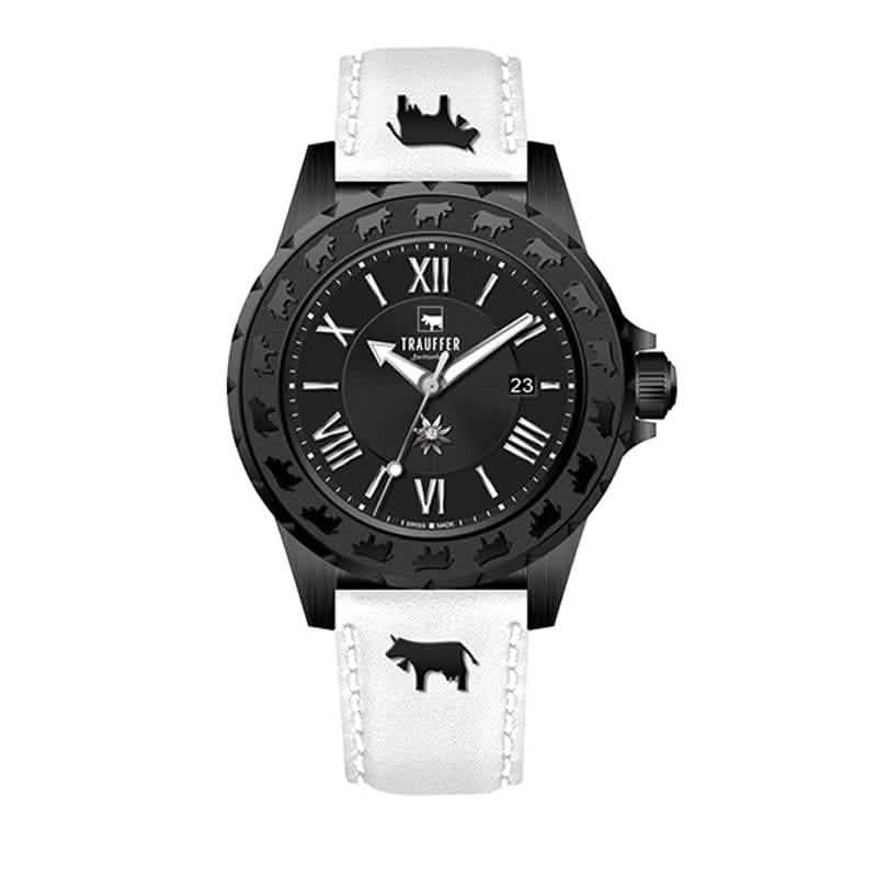 Trauffer Damenuhr in Schwarz mit weissem Lederarmband, Alpaufzug-Gravur und Edelweiss-Zifferblatt – Swiss Made