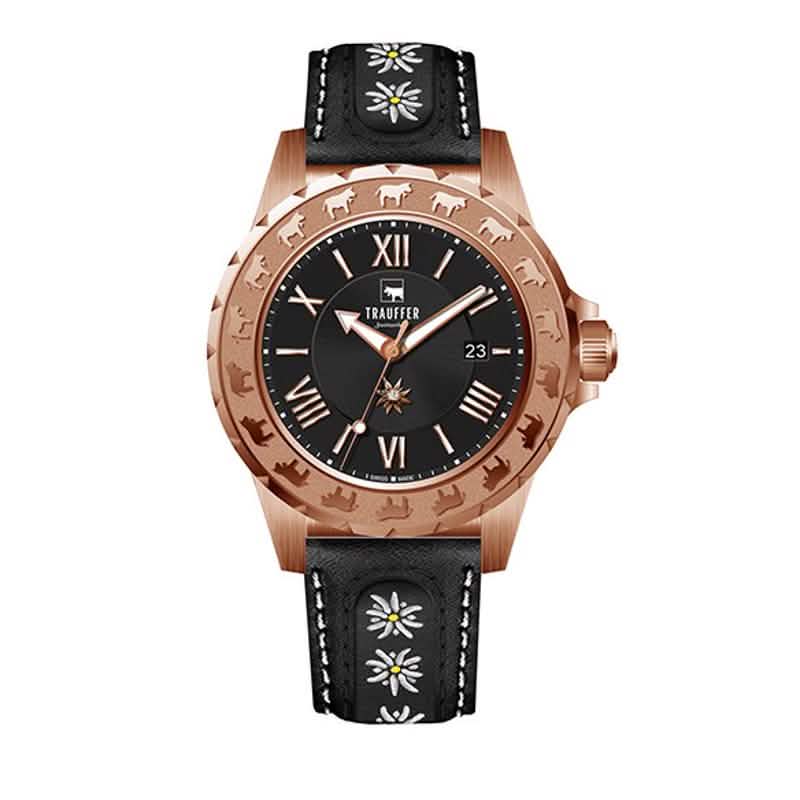 Trauffer Damenuhr mit roségoldenem Gehäuse, schwarzem Lederarmband mit Edelweiss-Stickerei, schwarzem Zifferblatt und Alpaufzug-Gravur – Swiss Made