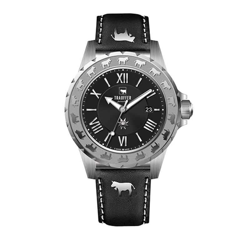 Trauffer Damenuhr mit silberfarbenem Gehäuse, schwarzem Lederarmband, schwarzem Zifferblatt und Alpaufzug-Gravur – Swiss Made