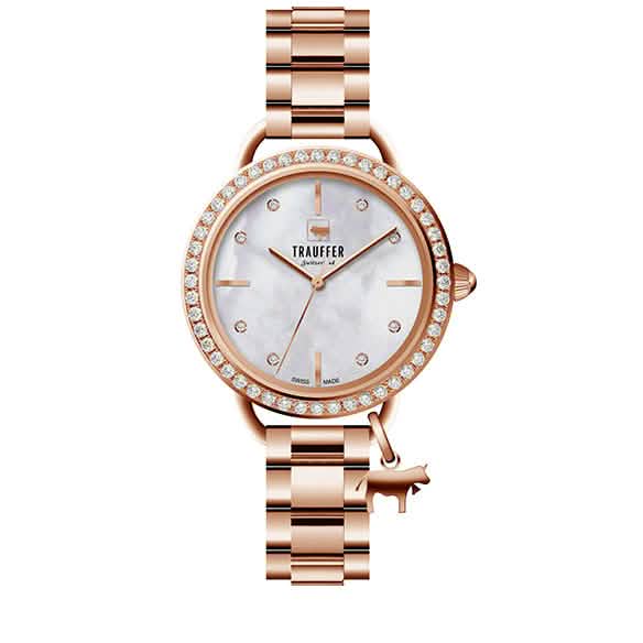 Trauffer Damenuhr mit roségoldenem Edelstahlarmband, Perlmutt-Zifferblatt, Steinlünette und roségoldenem Kuh-Charm – Swiss Made