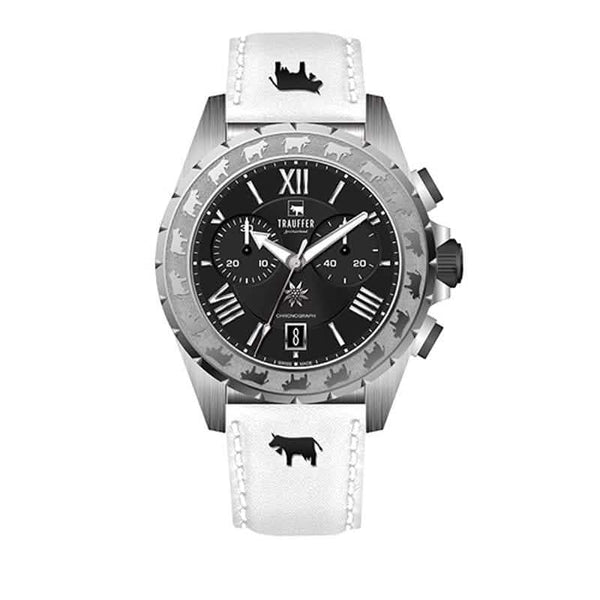 Trauffer Chronograph Swiss Made mit schwarzem Zifferblatt & weissem Lederband mit Kuhmotiv