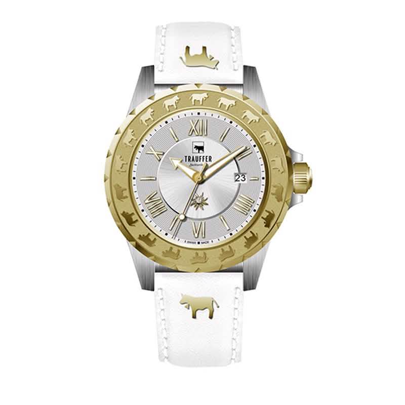 Trauffer Damenuhr mit gold-silbernem Gehäuse, weissem Lederarmband, Edelweiss-Zifferblatt und Alpaufzug-Gravur – Swiss Made