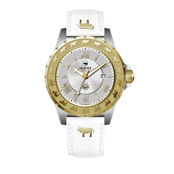 Trauffer Damenuhr mit gold-silbernem Gehäuse, weissem Lederarmband, Edelweiss-Zifferblatt und Alpaufzug-Gravur – Swiss Made