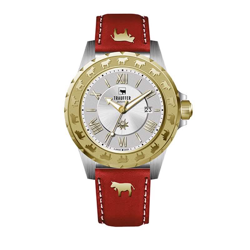 Trauffer Damenuhr mit gold-silbernem Gehäuse, rotem Lederarmband, Edelweiss-Zifferblatt und Alpaufzug-Gravur – Swiss Made
