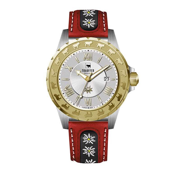 Trauffer Damenuhr mit gold-silbernem Gehäuse, rotem Lederarmband mit Edelweiss-Stickerei, Edelweiss-Zifferblatt und Alpaufzug-Gravur – Swiss Made