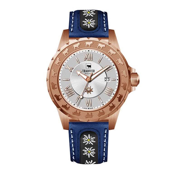 Trauffer Damenuhr mit roségoldenem Gehäuse, blauem Lederarmband mit Edelweiss-Stickerei, silbernem Zifferblatt und Alpaufzug-Gravur – Swiss Made