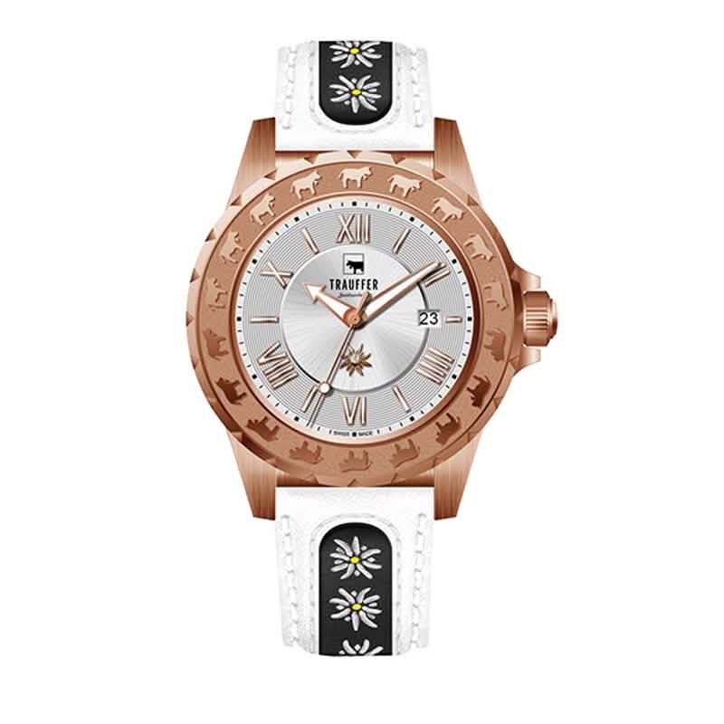 Trauffer Damenuhr mit roségoldenem Gehäuse, weissem Lederarmband mit Edelweiss-Stickerei, silbernem Zifferblatt und Alpaufzug-Gravur – Swiss Made