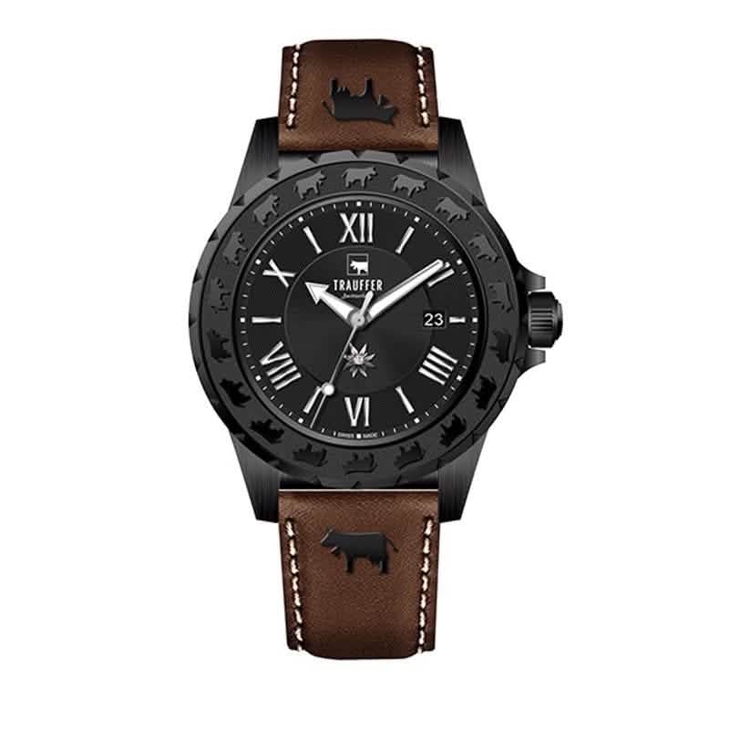 Trauffer Damenuhr in Schwarz mit braunem Lederarmband, Edelweiss-Zifferblatt und Alpaufzug-Gravur – Swiss Made