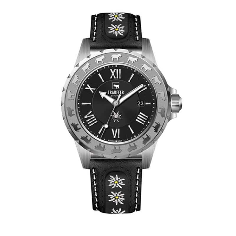 Trauffer Damenuhr mit silberfarbenem Gehäuse, schwarzem Lederarmband mit Edelweiss-Stickerei, schwarzem Zifferblatt und Alpaufzug-Gravur – Swiss Made