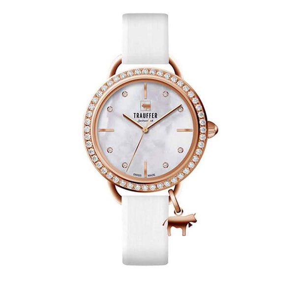 Trauffer Damenuhr mit roségoldenem Gehäuse, weissem Band, Perlmutt-Zifferblatt, Steinlünette und roségoldenem Kuh-Charm – Swiss Made