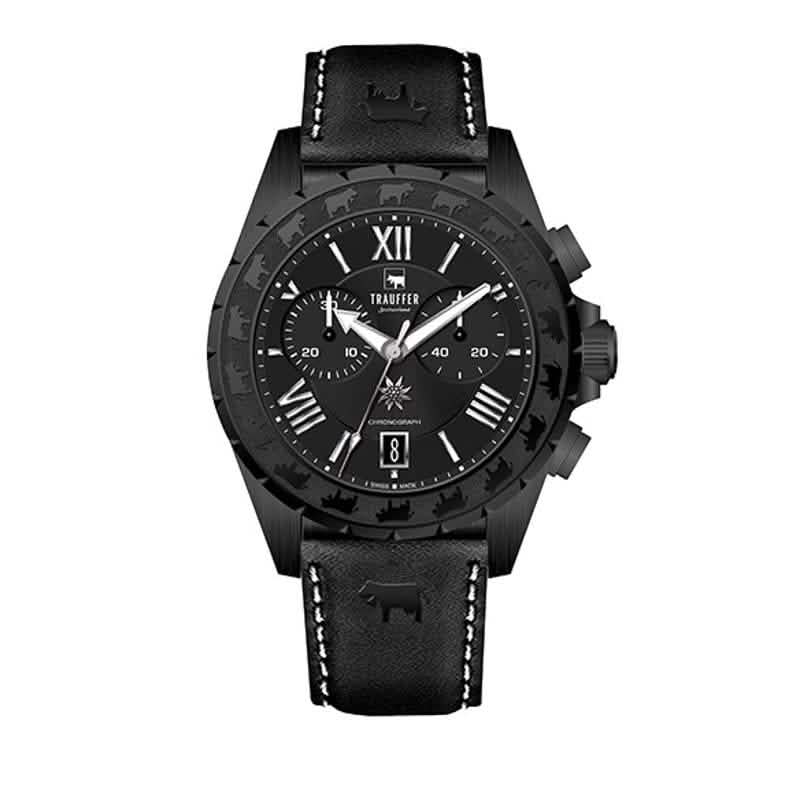 Trauffer Chronograph komplett in Schwarz mit Lederarmband, Alpaufzug-Gravur und Edelweiss-Zifferblatt – Swiss Made