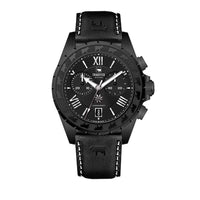 Trauffer Chronograph komplett in Schwarz mit Lederarmband, Alpaufzug-Gravur und Edelweiss-Zifferblatt – Swiss Made