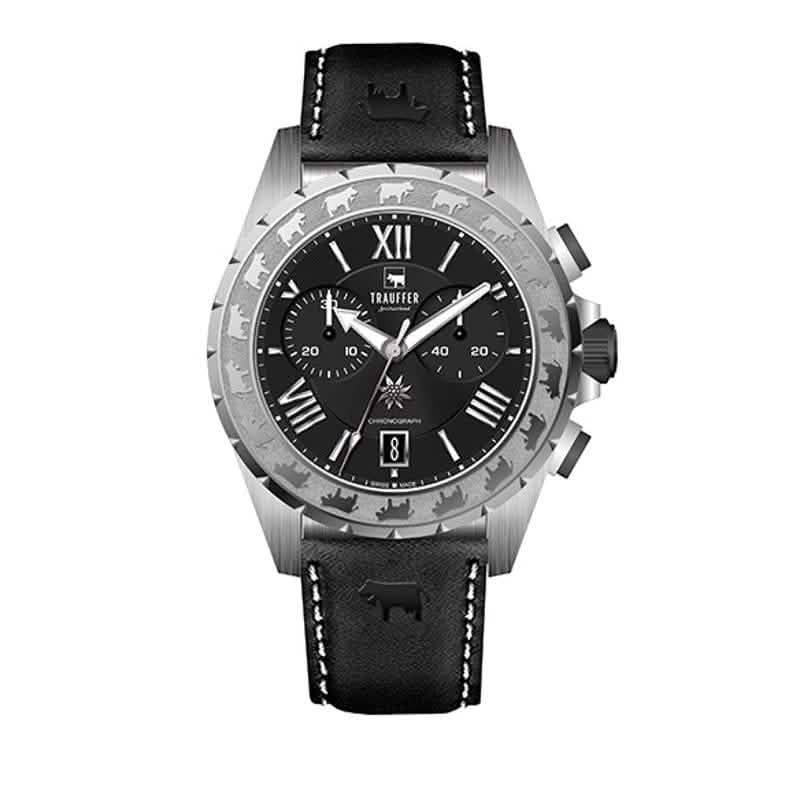 Trauffer Chronograph mit schwarzem Lederarmband, Edelstahlgehäuse und Alpaufzug-Gravur – Swiss Made