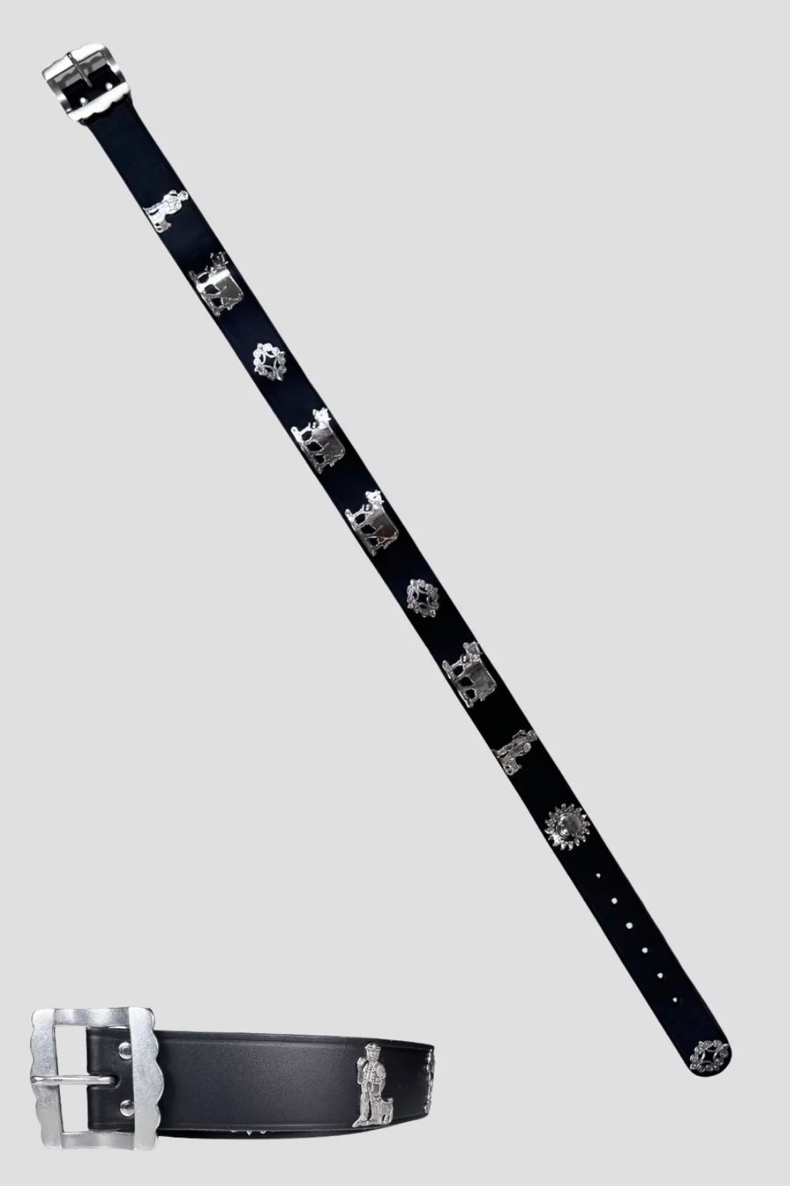 Schwarzer Appenzeller Ledergürtel von Edelvetica mit silbernen Metallbeschlägen und traditionellen Schweizer Motiven