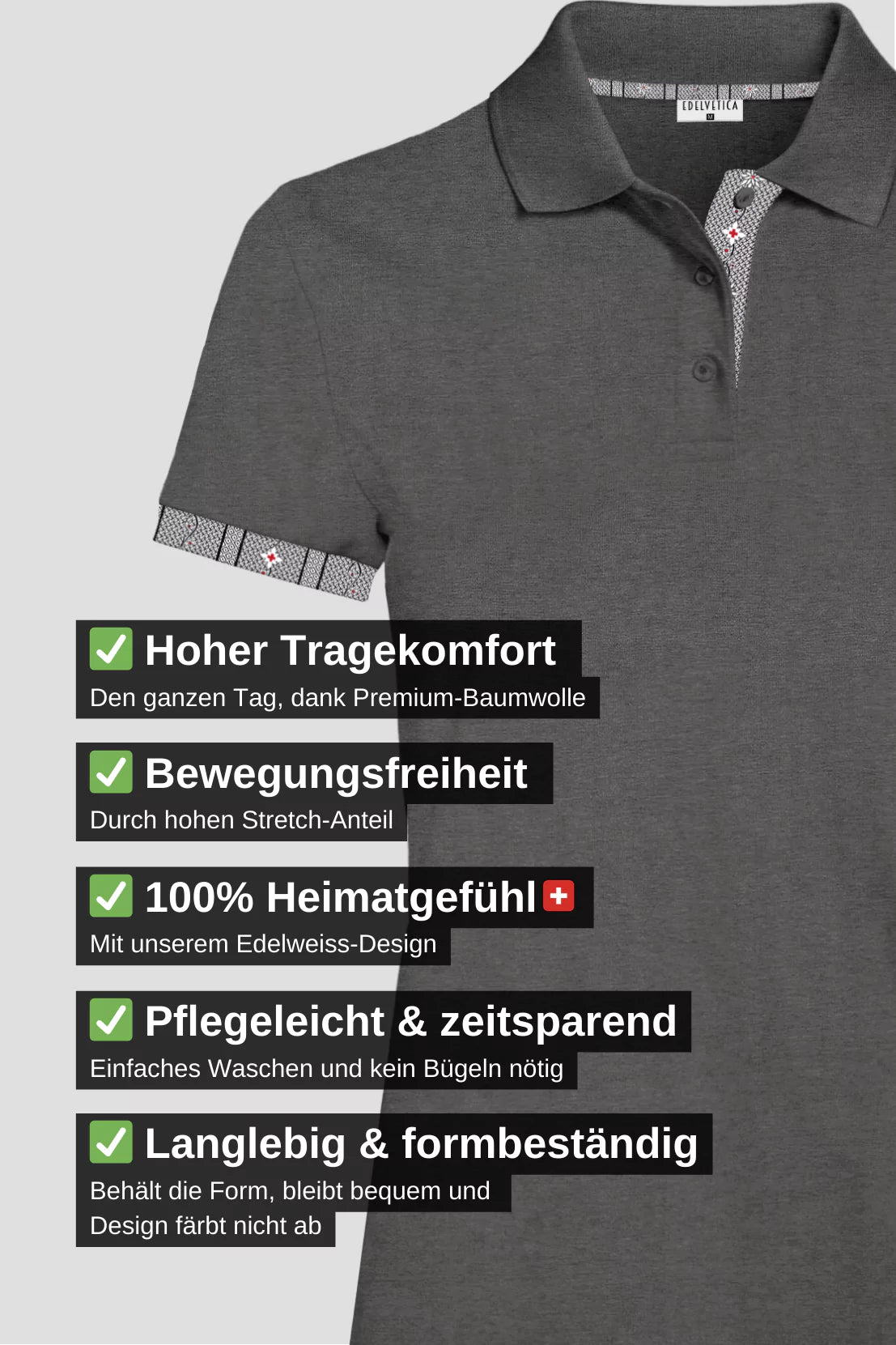 Polo Shirt Edelweiss Damen mit einzigartigem Kragen- und Armabschlussdesign von Edelvetica